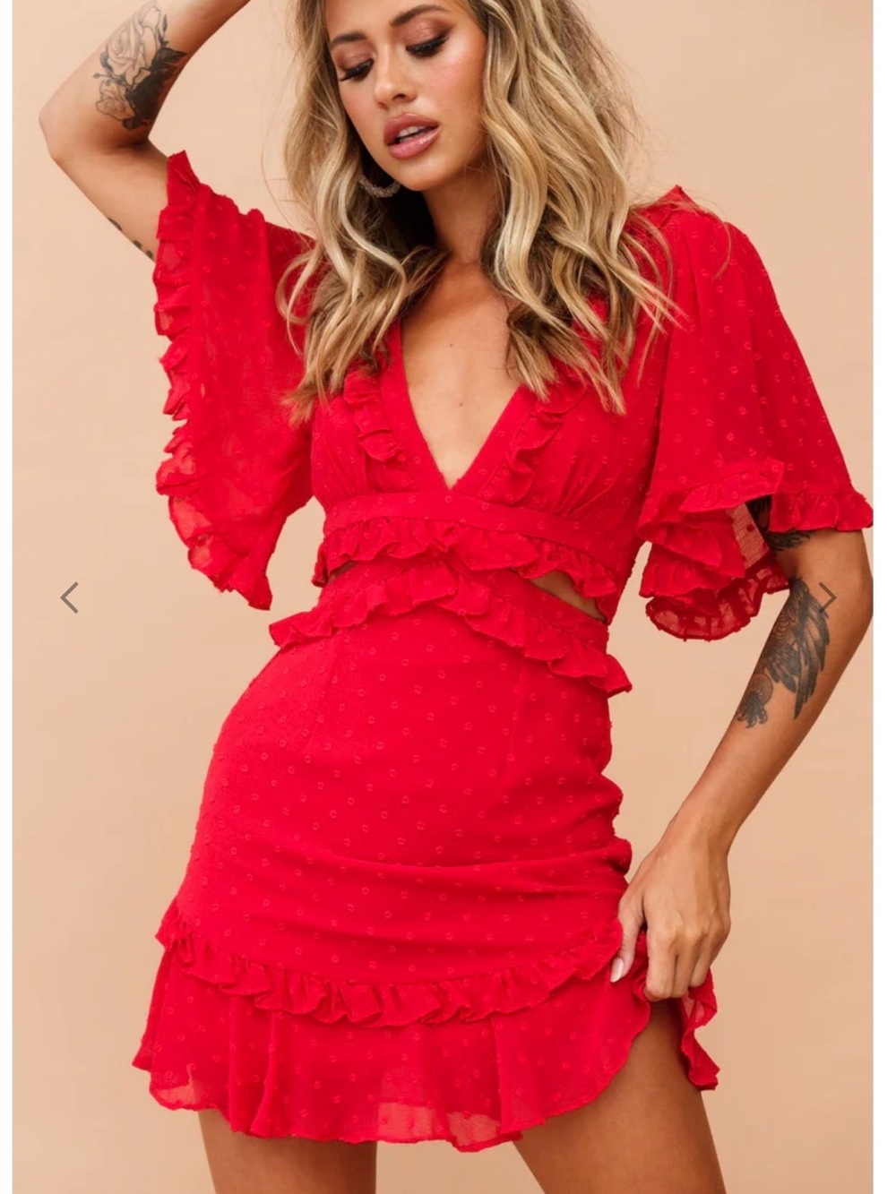 Sage Paige Bardot revolve Red Ruffle V-Neck Mini Dress size M